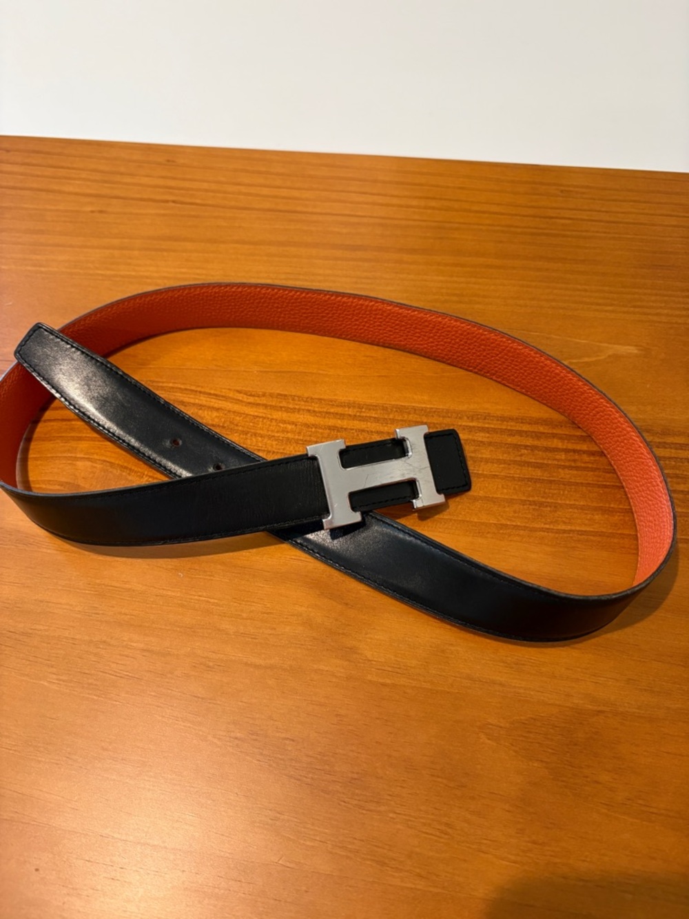 Hermès women’s Reversible Black/Orange Leather Belt steel color buckle
